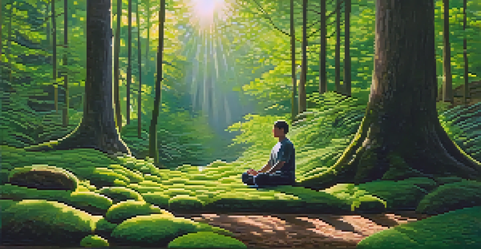 A person meditating in a tranquil forest surrounded by greenery and soft sunlight filtering through the trees.