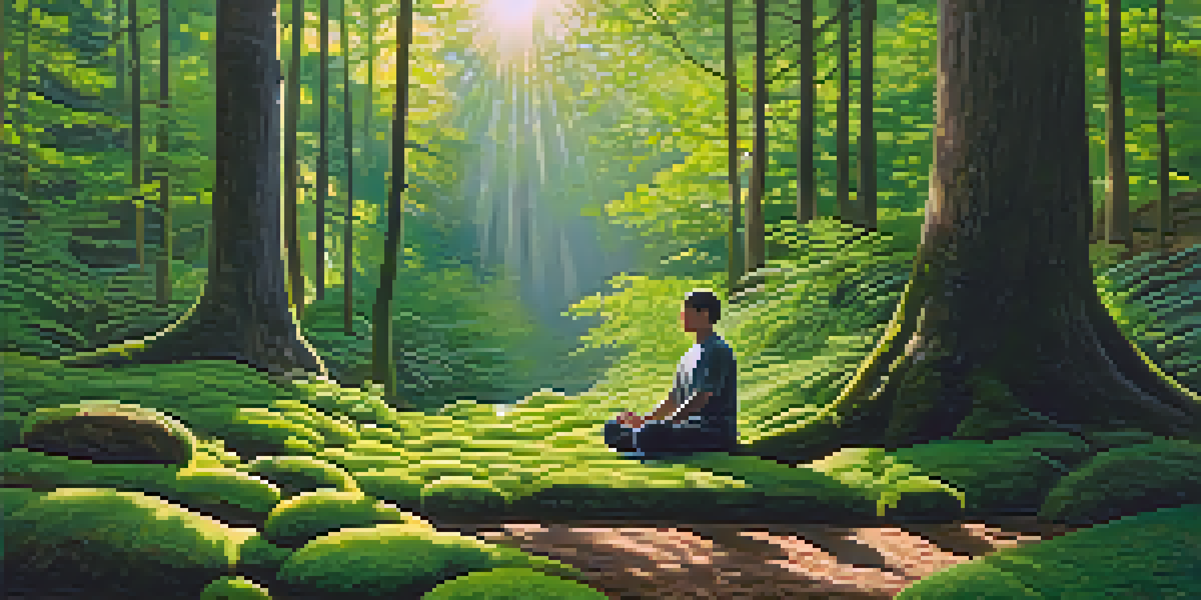 A person meditating in a tranquil forest surrounded by greenery and soft sunlight filtering through the trees.