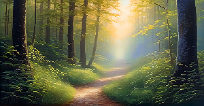 A peaceful forest with golden dawn light filtering through trees, a winding path, and mist hovering above the ground.