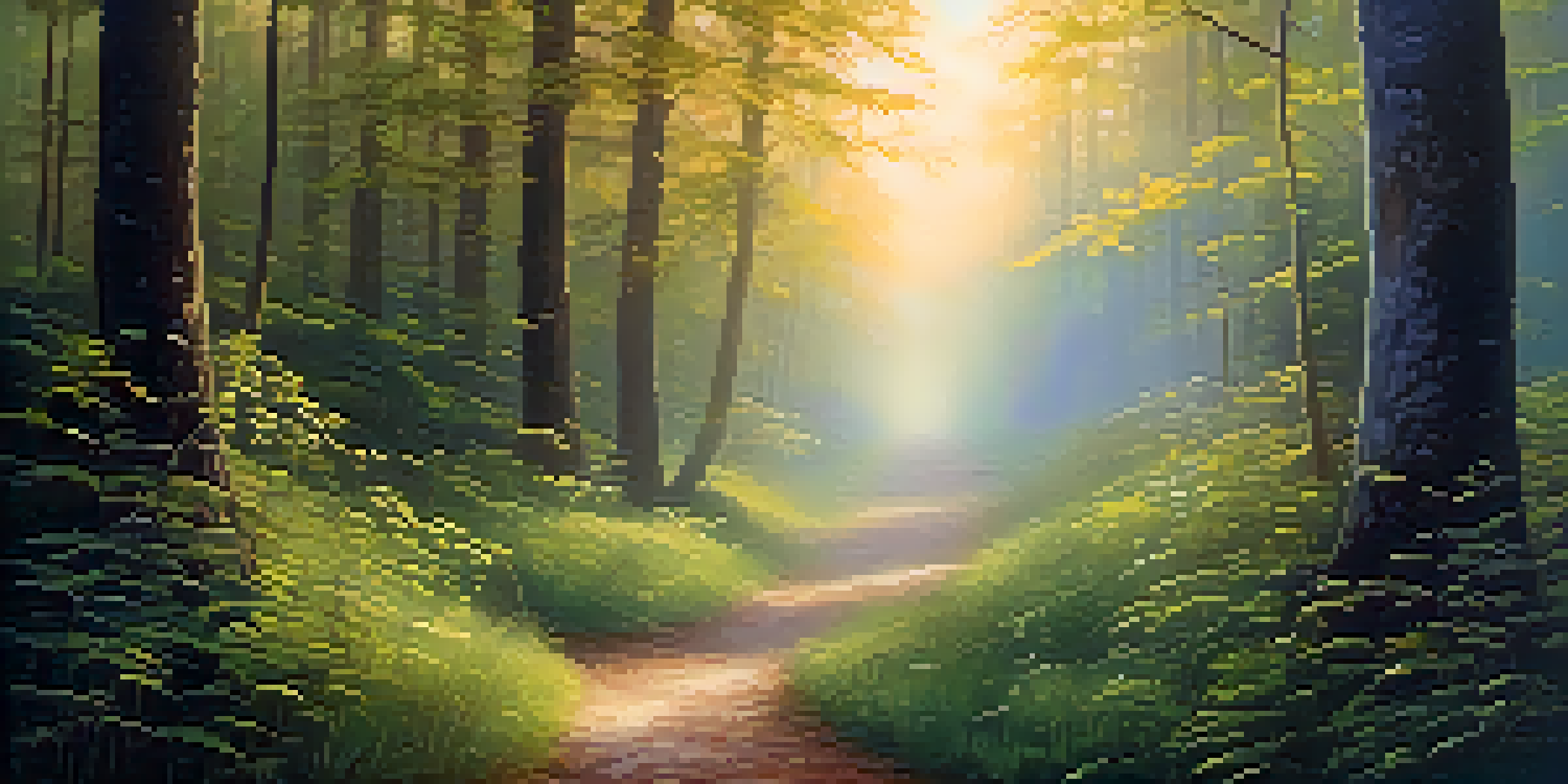 A peaceful forest with golden dawn light filtering through trees, a winding path, and mist hovering above the ground.