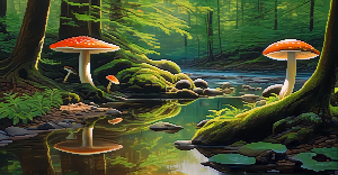 A serene forest landscape with sunlight filtering through trees, a stream, and colorful mushrooms.