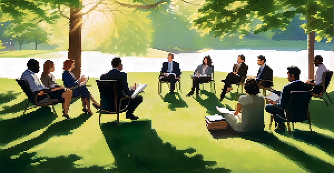 A diverse group of professionals in a circle on a grassy hillside, engaging in dialogue during a corporate retreat, surrounded by greenery.