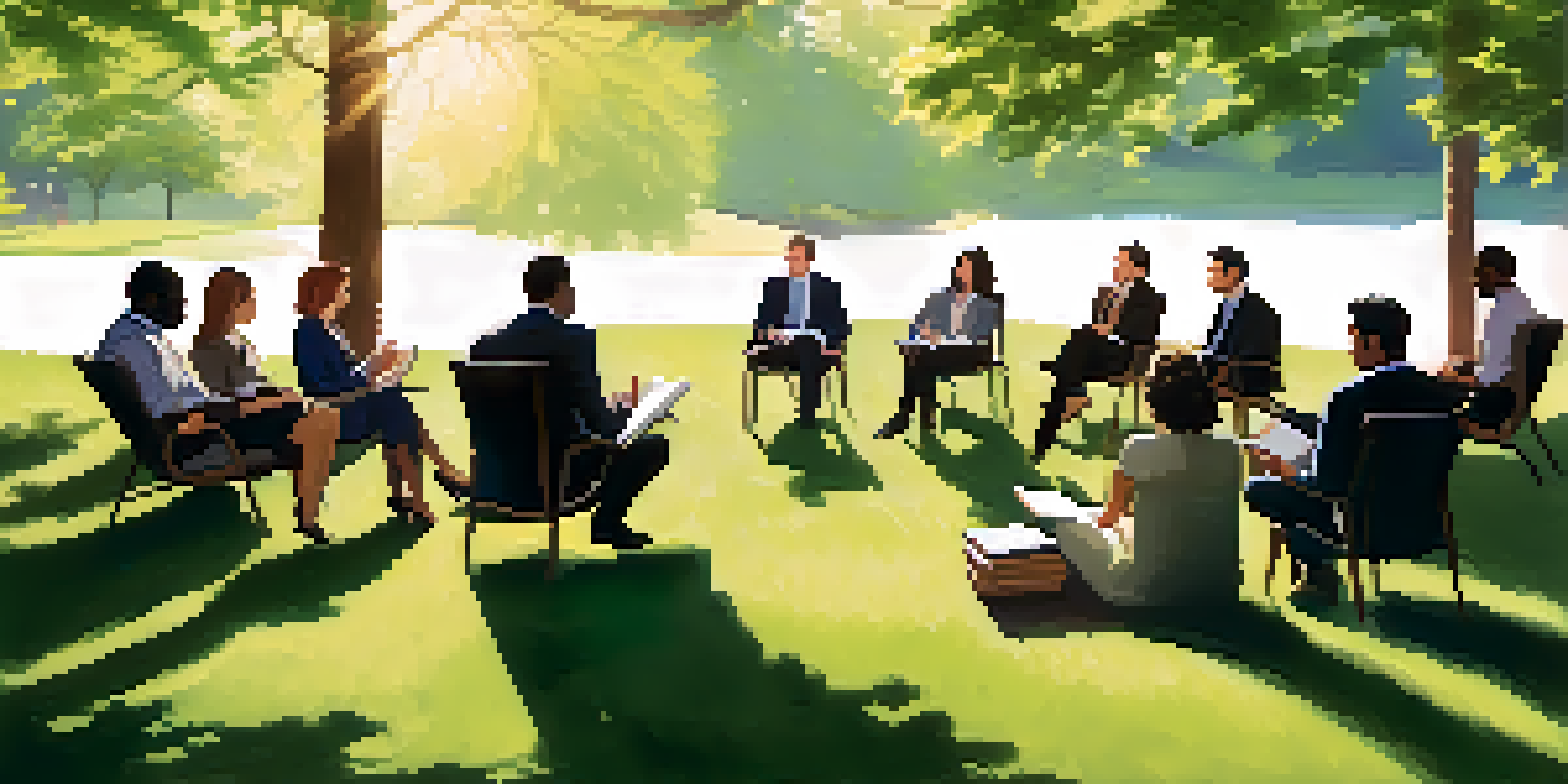 A diverse group of professionals in a circle on a grassy hillside, engaging in dialogue during a corporate retreat, surrounded by greenery.
