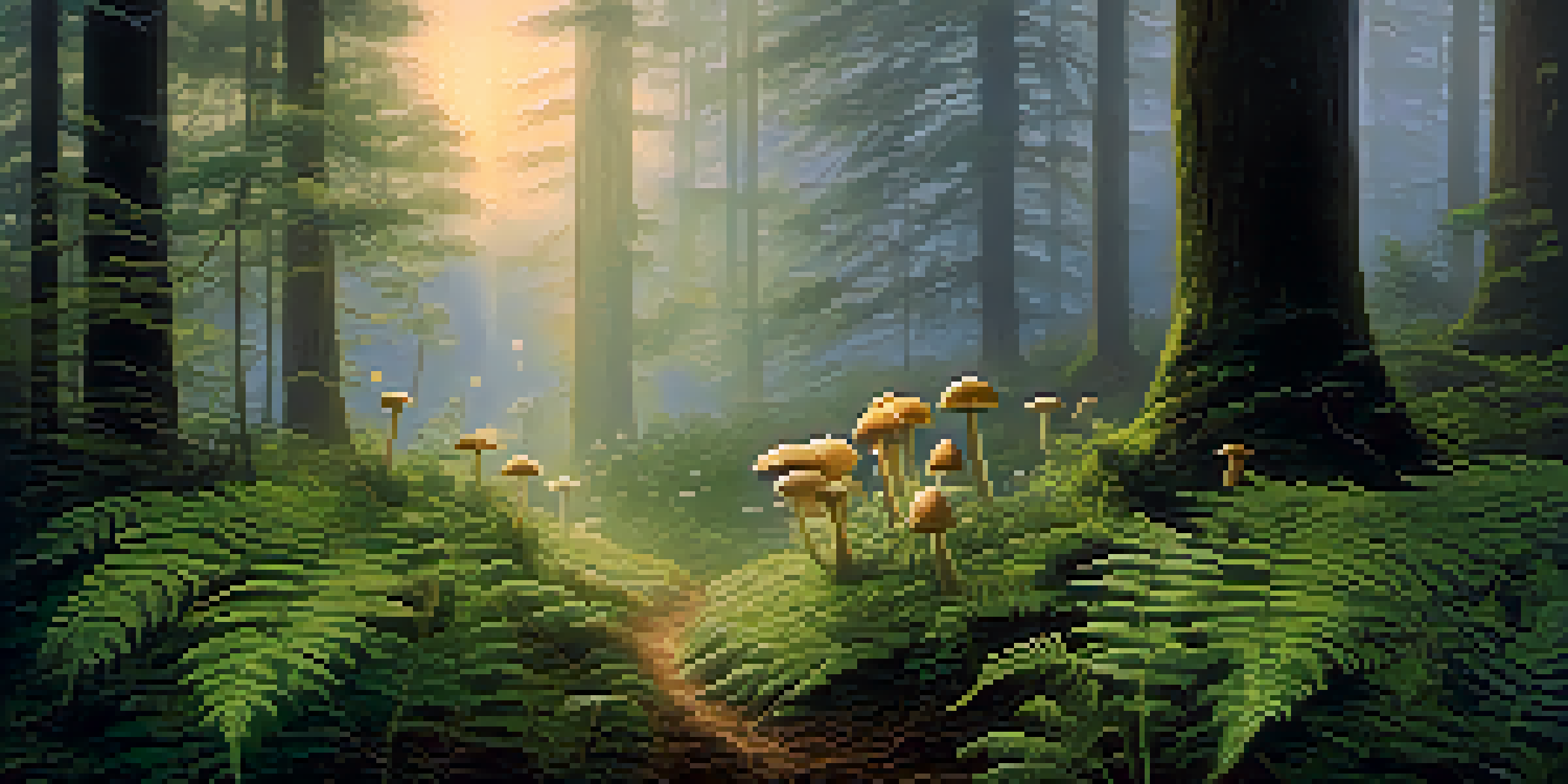A tranquil forest with golden sunlight streaming through trees, featuring a circle of mushrooms in a green fern clearing and mist rising from the ground.