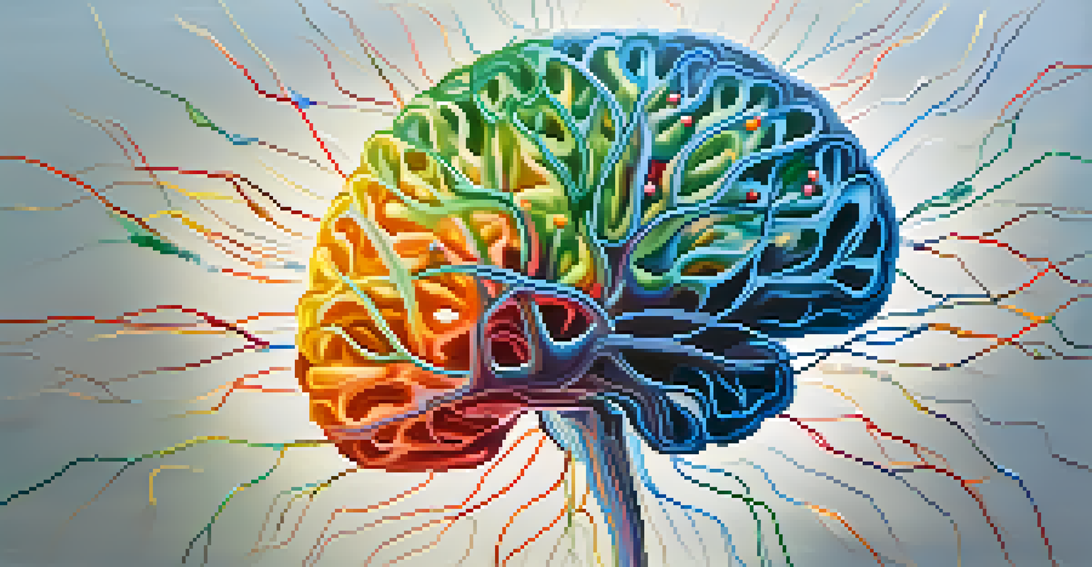 An abstract image of a brain with colorful neural pathways and natural elements, symbolizing growth.