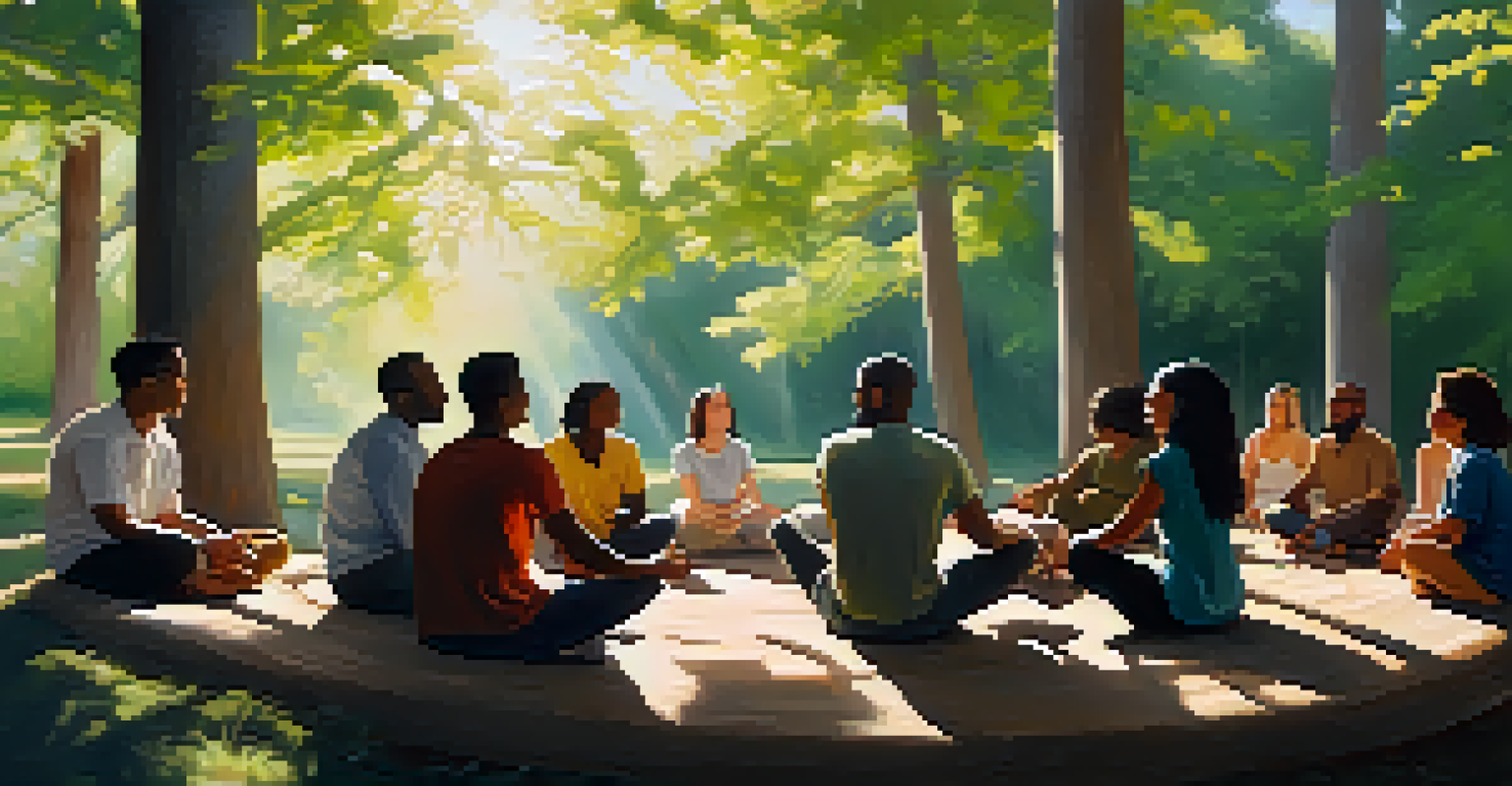 A diverse group of people in a circle participating in a mindfulness session in nature.