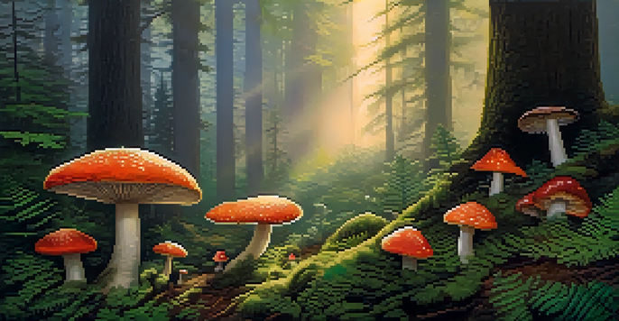 A peaceful forest at sunrise with colorful mushrooms and gentle mist.