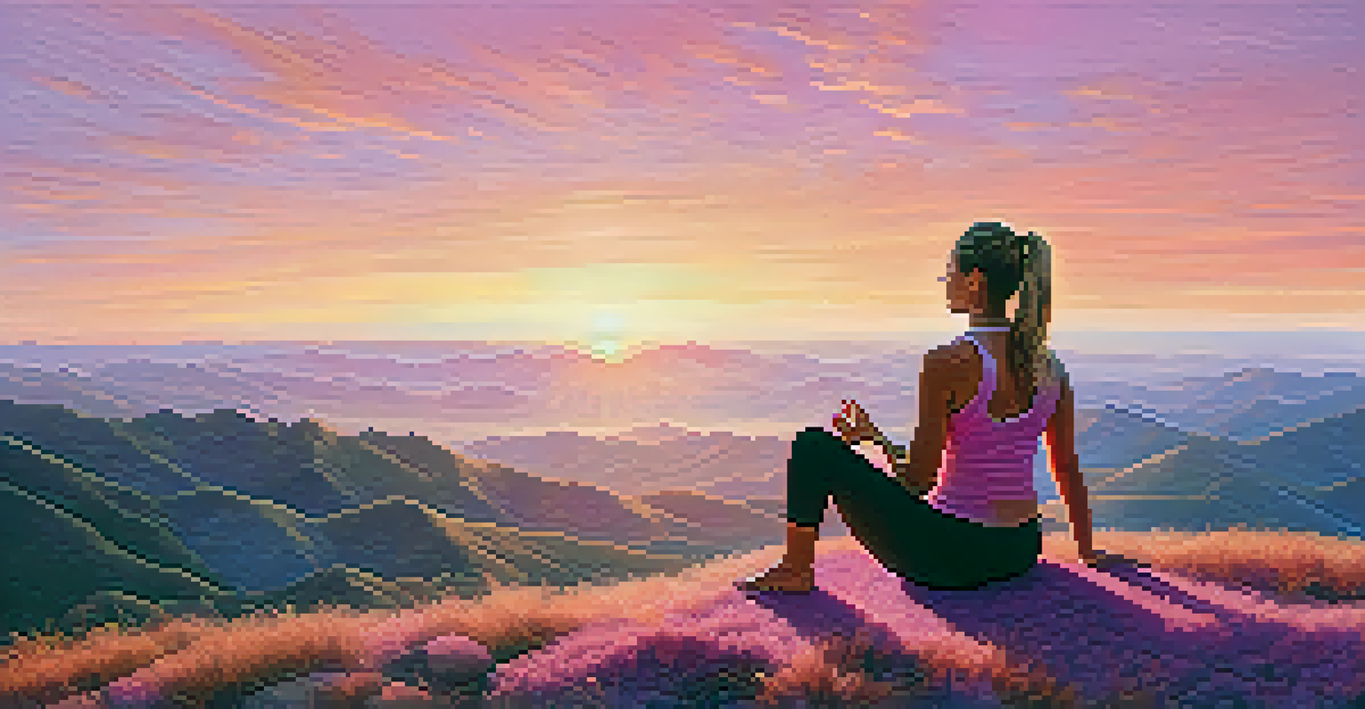 An athlete doing yoga on a mountaintop at sunrise with a view of hills and valleys.