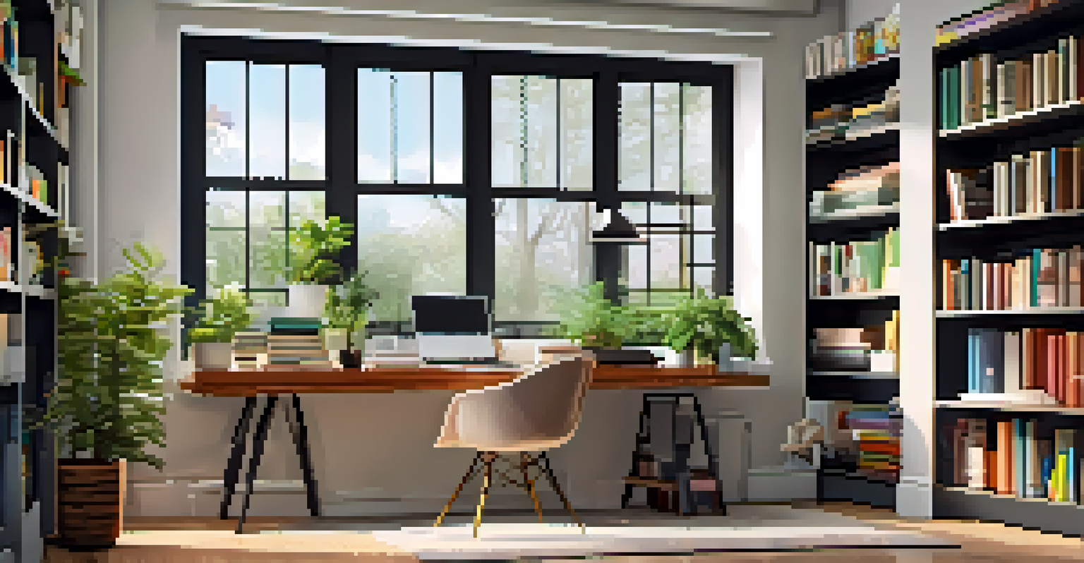 A cozy home office with a modern desk, laptop, plants, and bookshelves in a warmly lit environment.