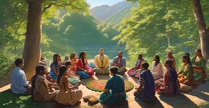 A diverse group of people seated in a circle in a forest, preparing for a communal entheogenic experience, with sunlight filtering through the trees.