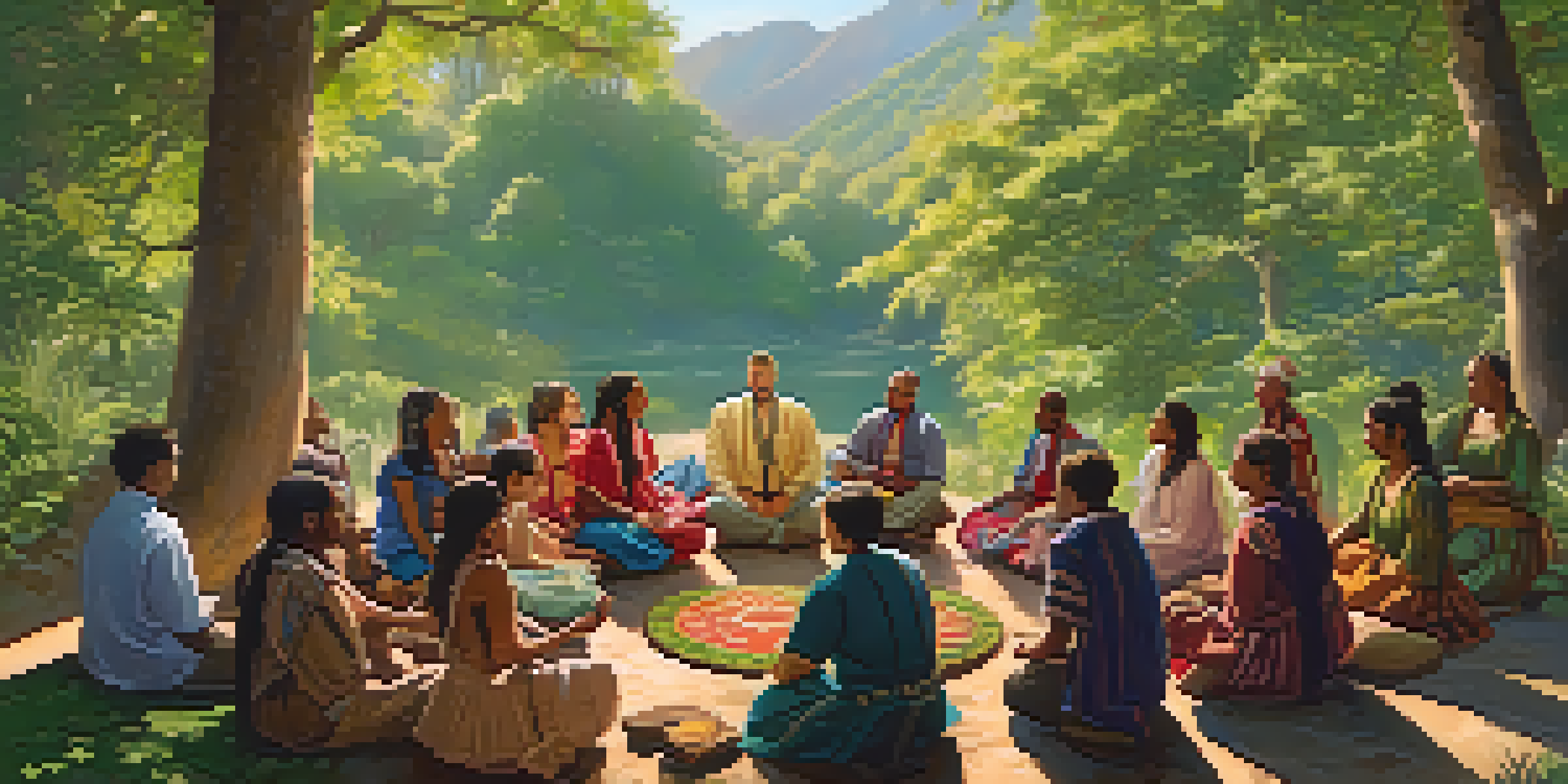A diverse group of people seated in a circle in a forest, preparing for a communal entheogenic experience, with sunlight filtering through the trees.