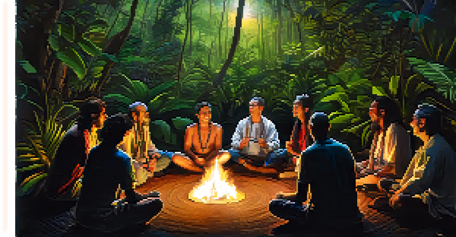 A group of veterans in a jungle participating in an ayahuasca ceremony, seated in a circle around a fire under a starry sky, showing various emotions.