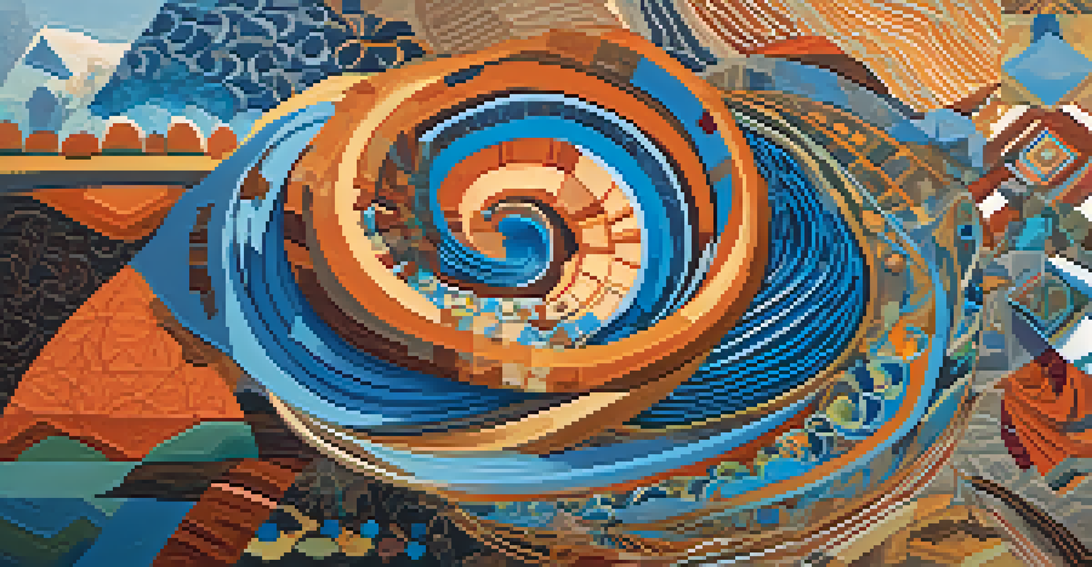 An abstract representation of cultural exchange with swirling patterns and symbols from various cultures.