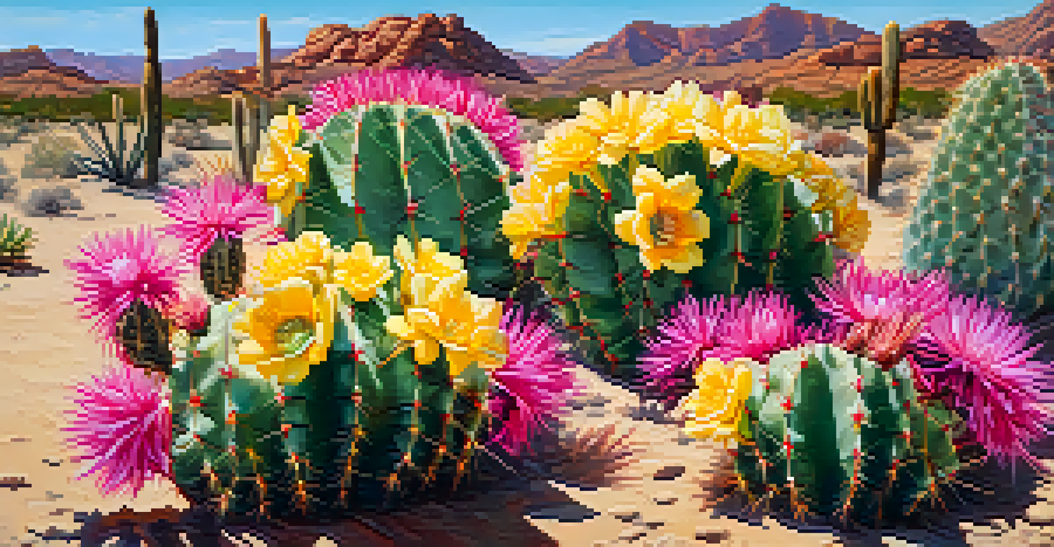 A close-up of blooming peyote cactus flowers in a desert setting.