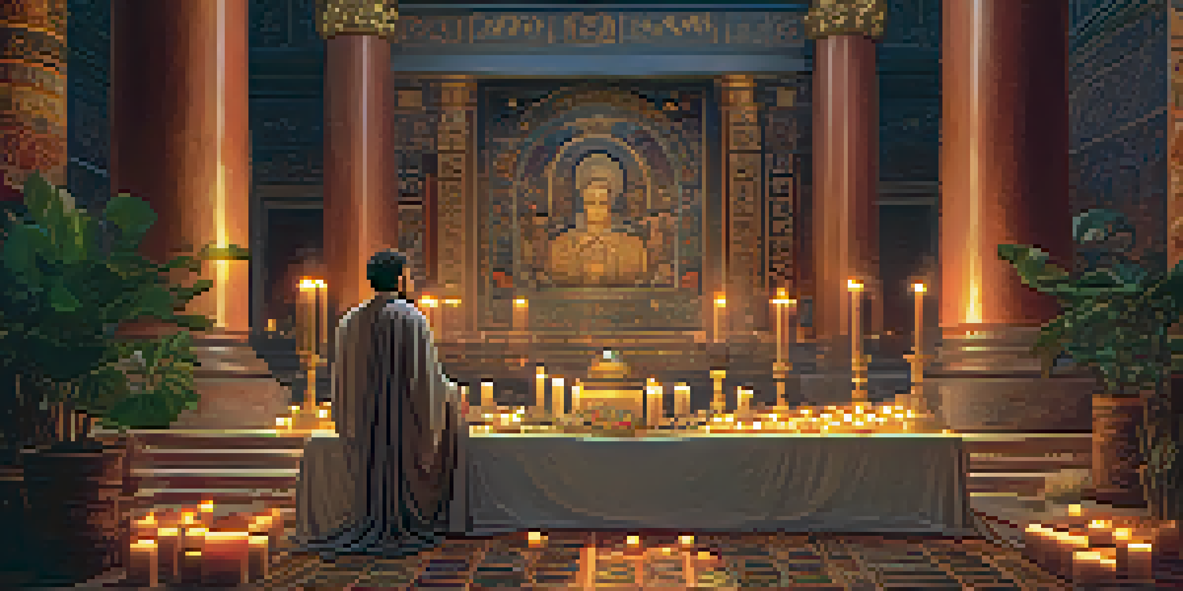 An ancient Roman priest preparing entheogens in a decorated temple with candlelight illuminating the scene.