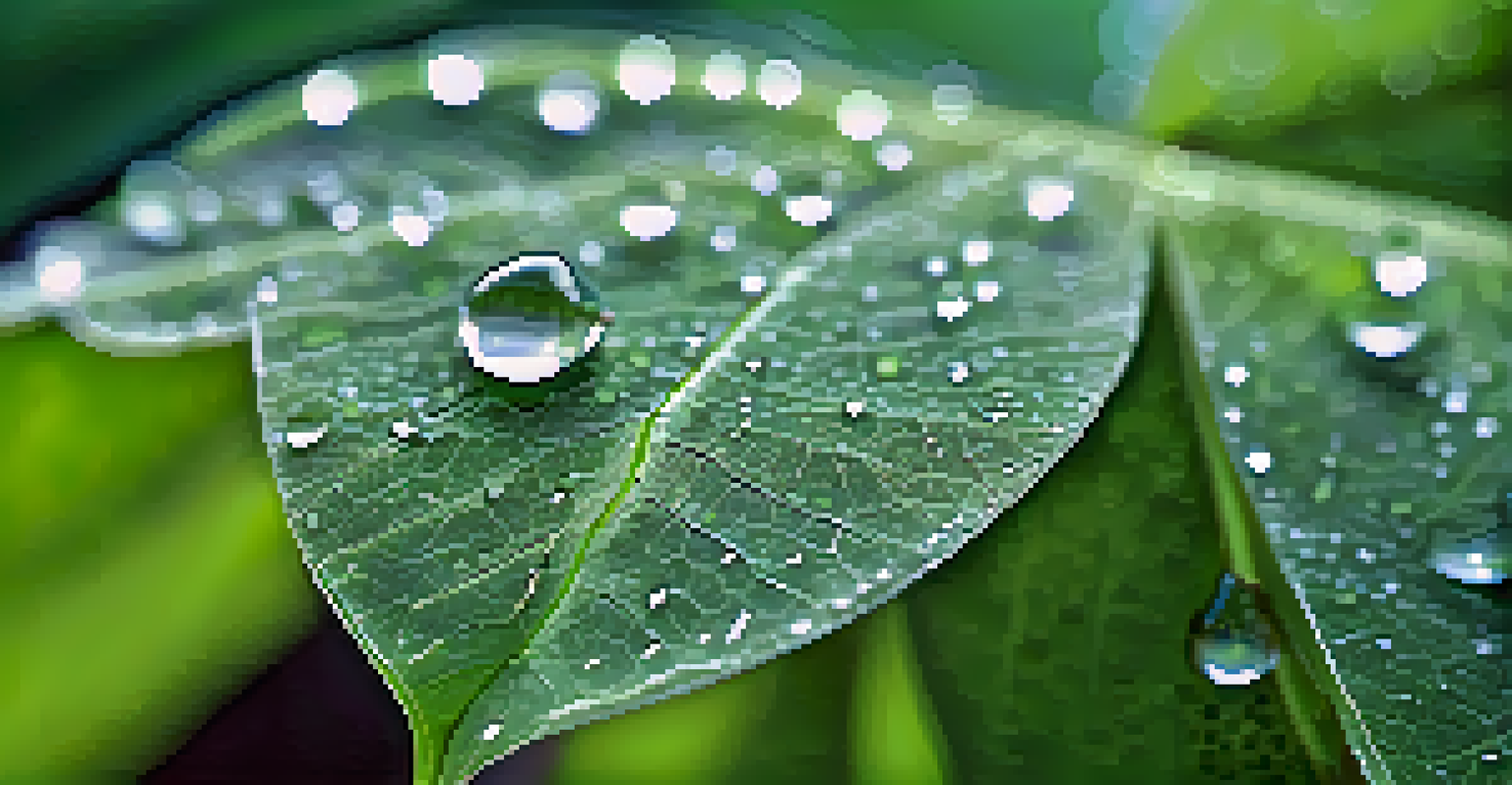 A close-up of a dew-covered leaf with detailed veins and sparkling droplets against a blurred green background.