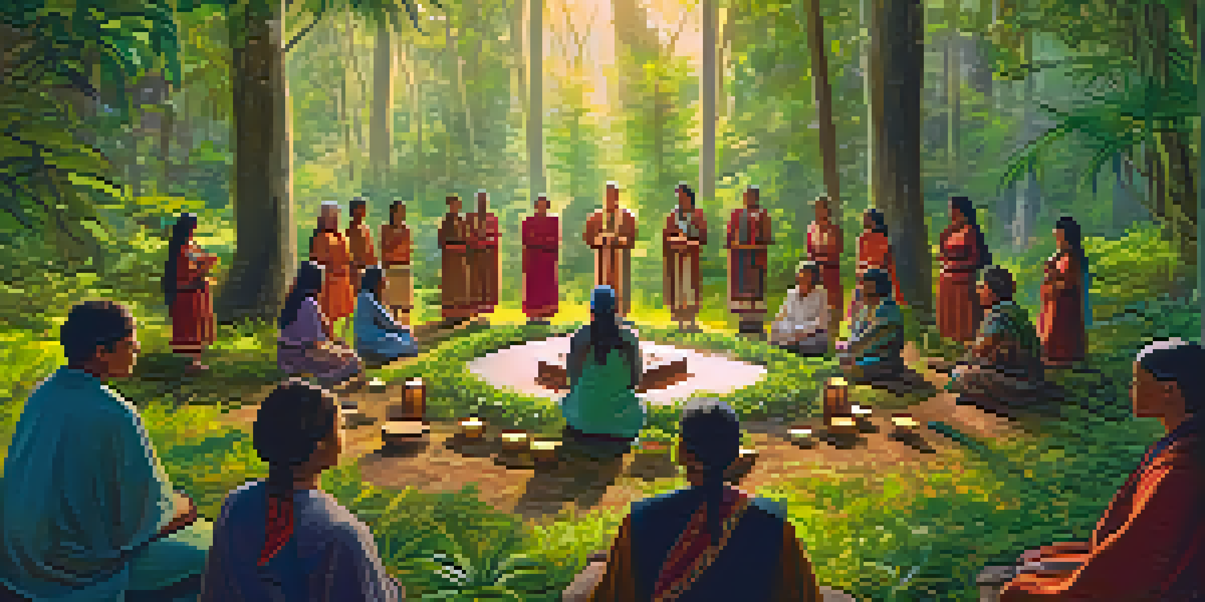 A group of Indigenous people participating in a healing ceremony in a forest, with an altar of native plants and candles, surrounded by greenery and dappled sunlight.