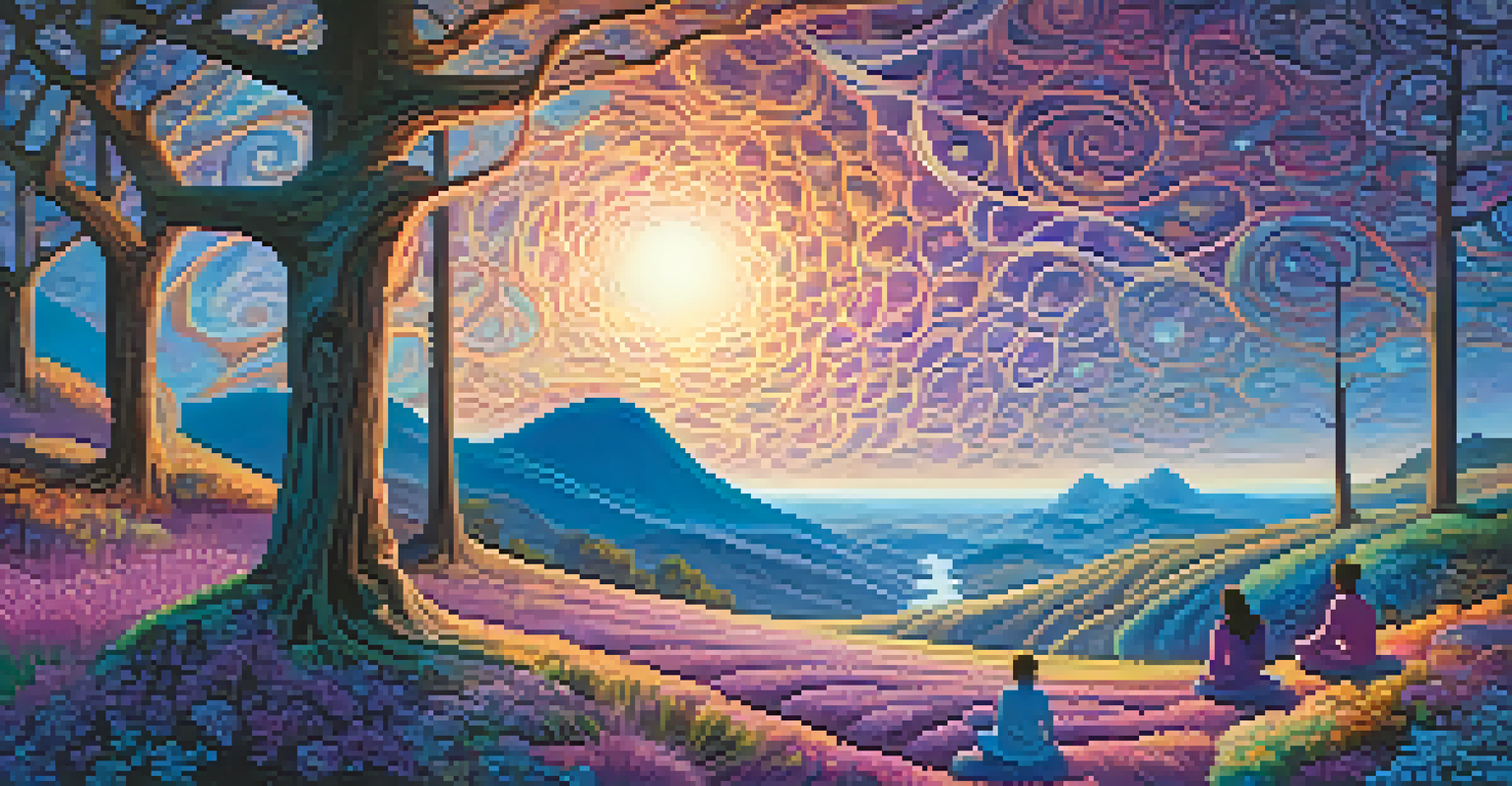 A colorful, swirling landscape symbolizing a journey through consciousness, with meditating figures set against a vibrant sky.