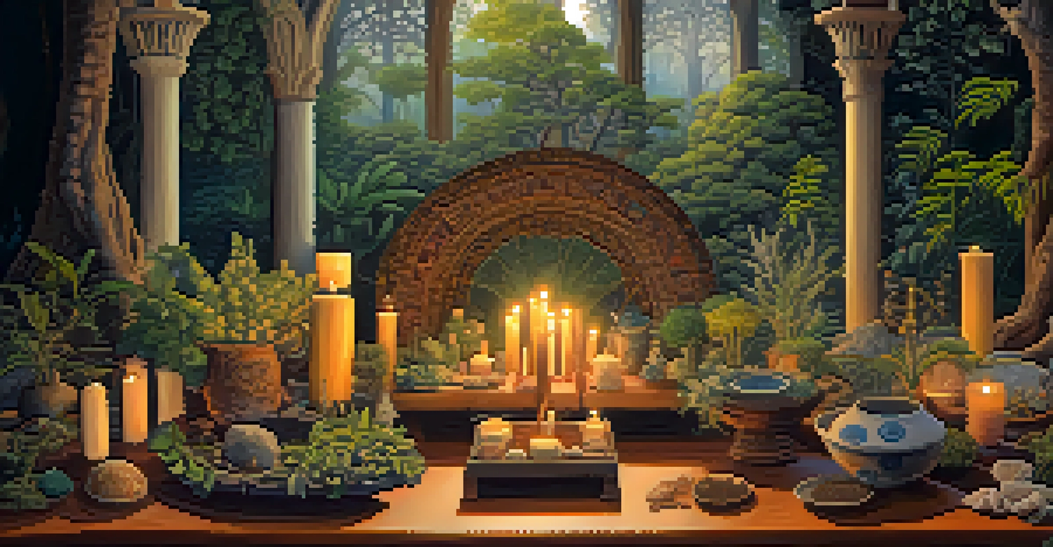 A detailed altar showcasing entheogenic plants and fungi, surrounded by textiles and pottery, illuminated by candlelight.