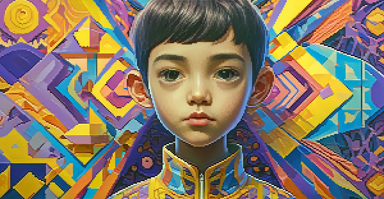 An animated character with large eyes in a colorful, kaleidoscopic world surrounded by geometric patterns and flowing shapes.