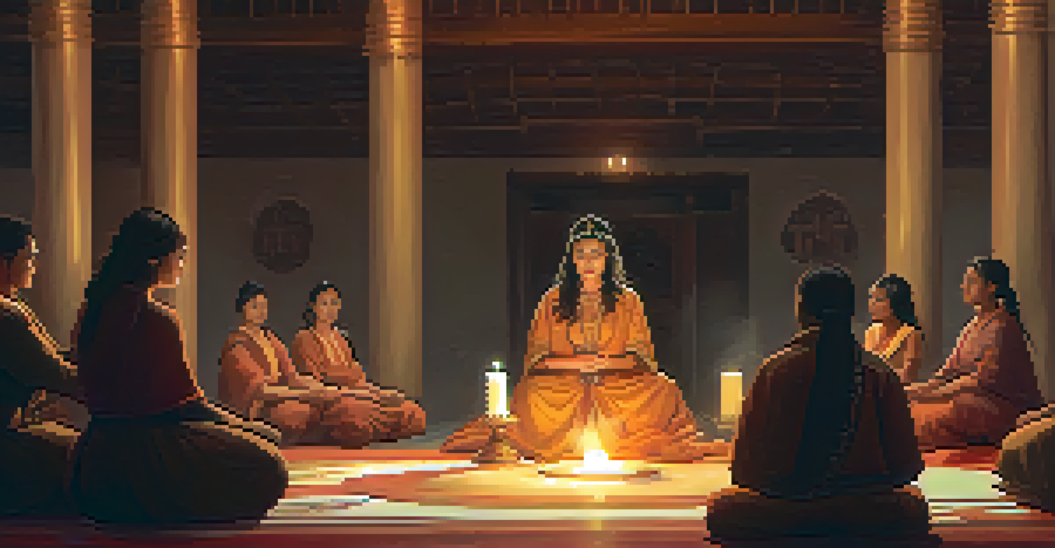 A woman leading a mushroom ceremony in a softly lit room, surrounded by participants and ceremonial items.