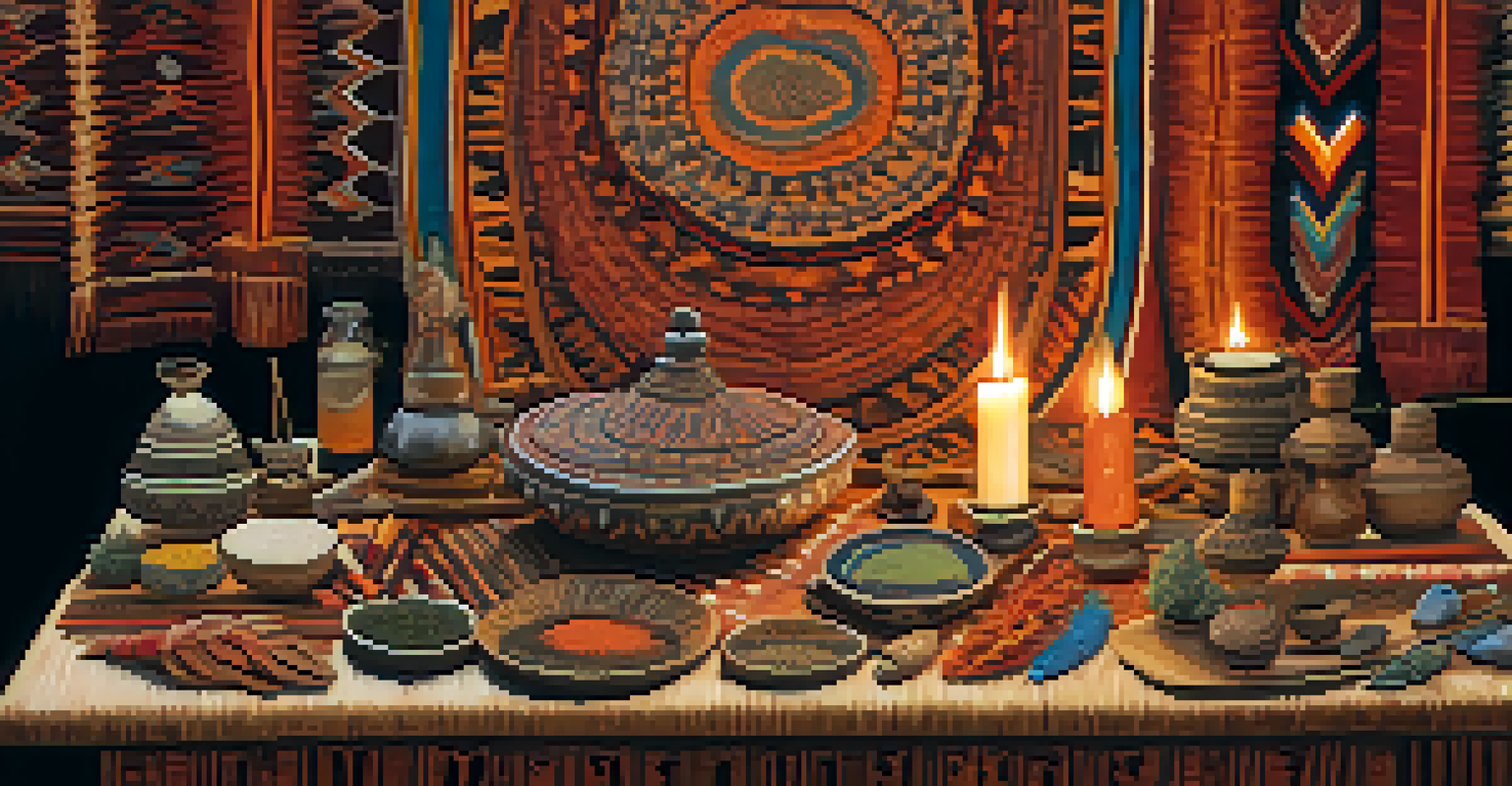 A ceremonial table with natural entheogens and traditional artifacts, set in a cozy candle-lit room with warm earthy tones.