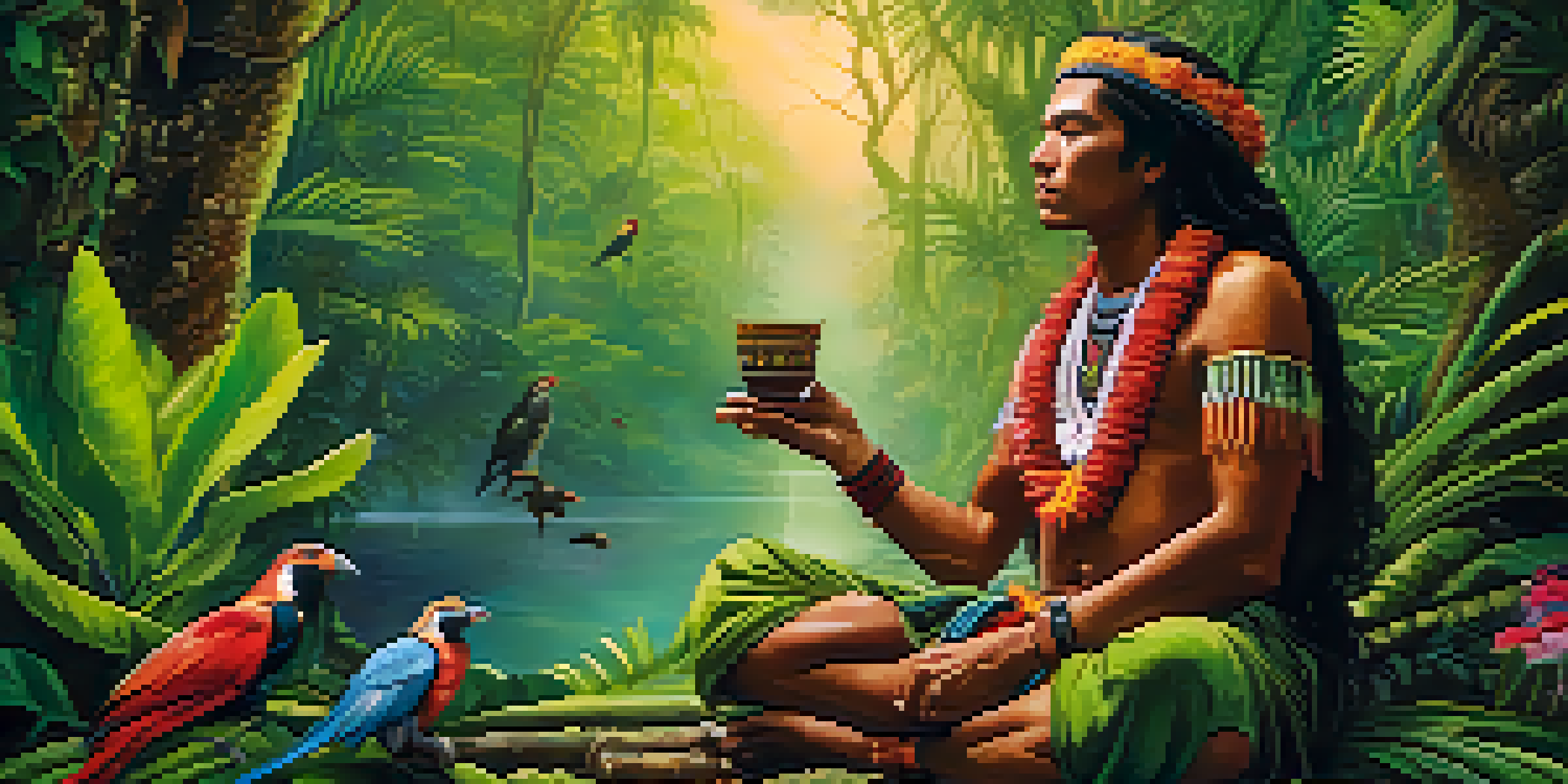A shaman in traditional attire prepares ayahuasca in the Amazon rainforest, surrounded by lush greenery and vibrant flowers, illuminated by soft dawn light.