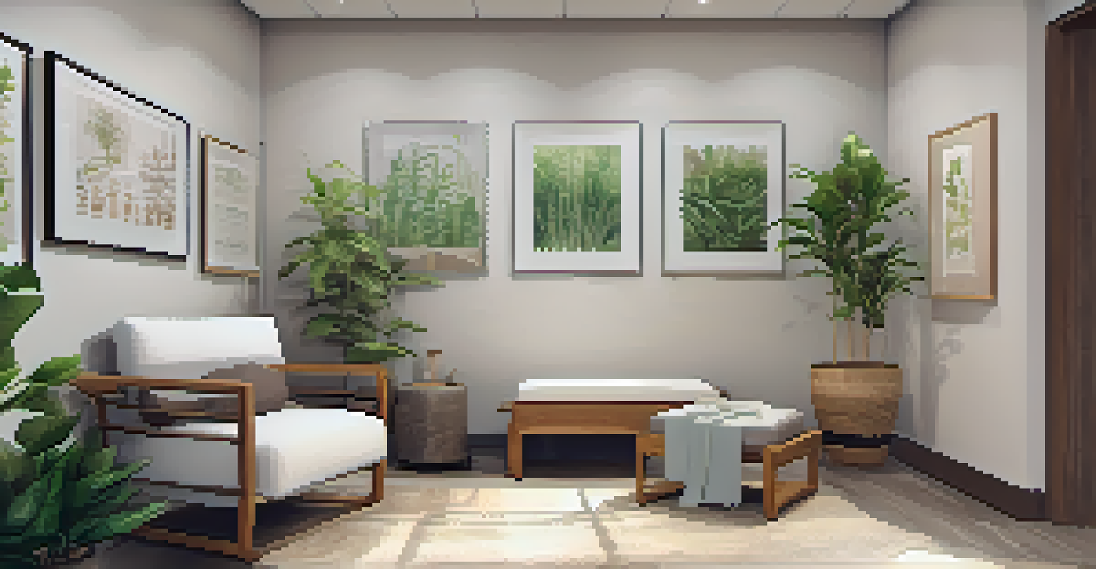 A modern therapy room with natural elements, comfortable seating, and traditional healing images on the wall, blending ancient wisdom with contemporary therapy.