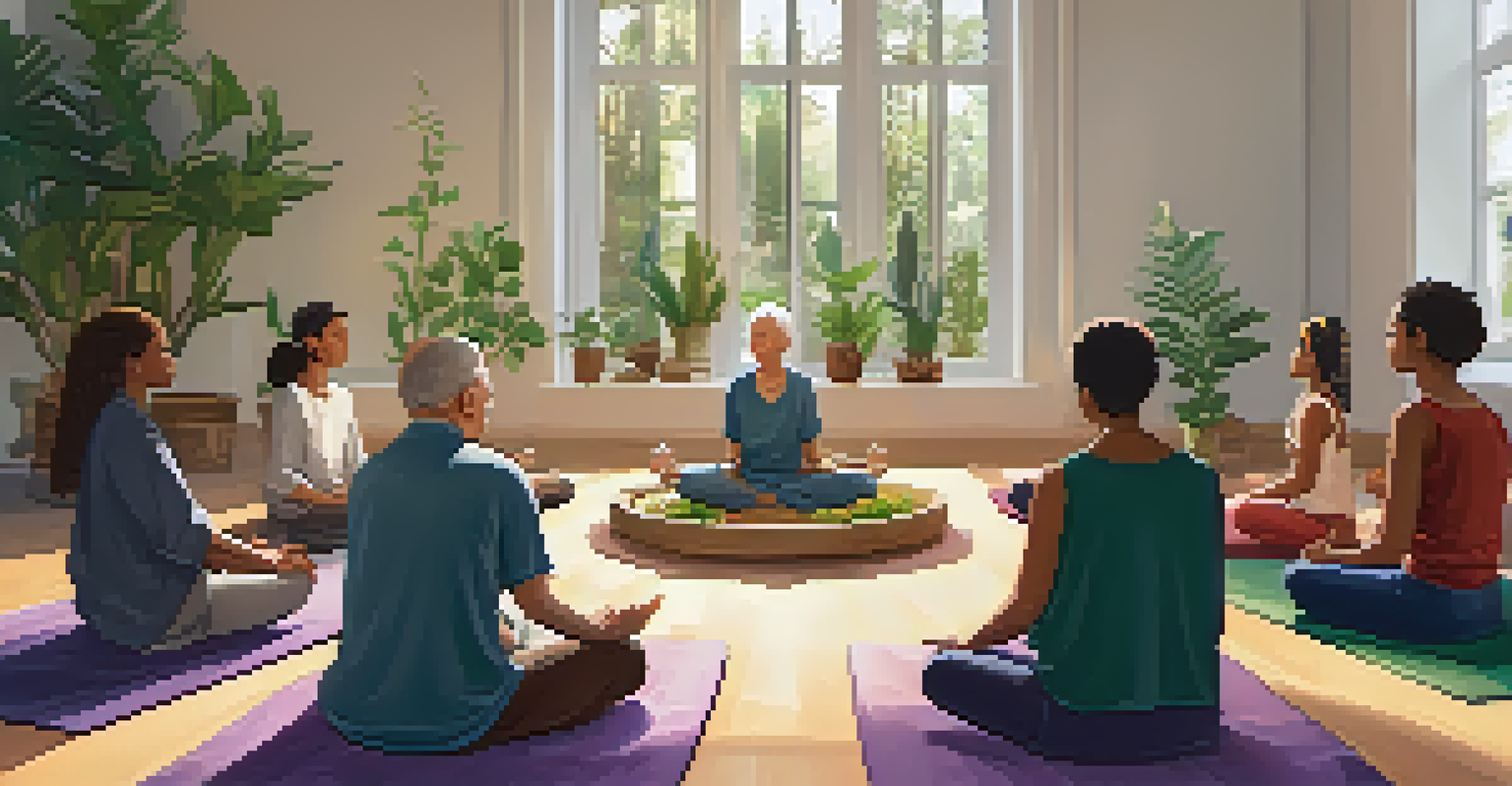 A bright workshop room with various people engaged in a guided meditation, surrounded by plants and cozy decorations.