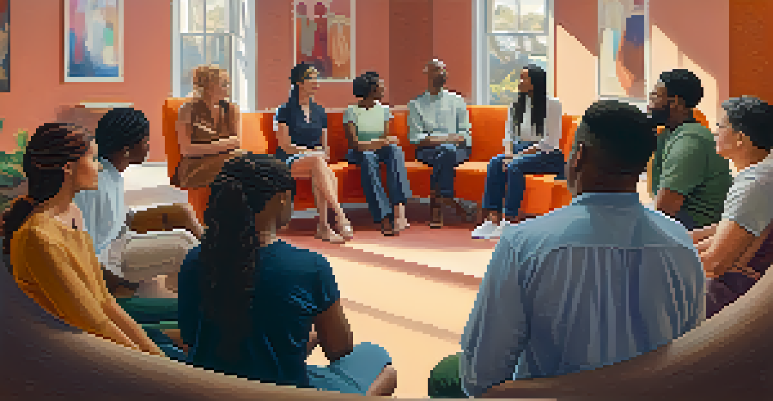 A diverse group of individuals in a circle, discussing their experiences in a colorful and inclusive setting.
