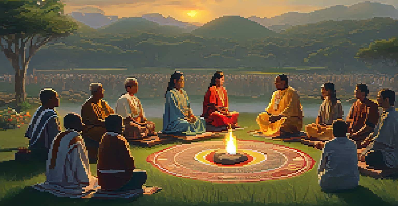 Participants in a San Pedro ceremony, seated in a circle with a shaman at the center, surrounded by natural offerings in a sunlit outdoor setting.