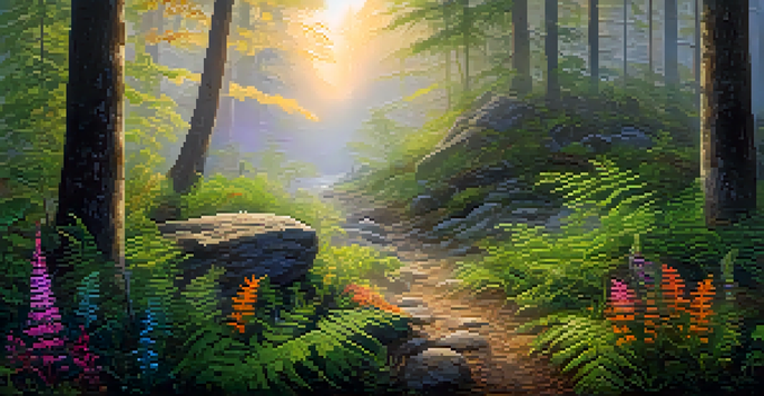 A peaceful forest at dawn with golden light, green ferns, wildflowers, mist, and a small wooden altar decorated with stones and feathers.