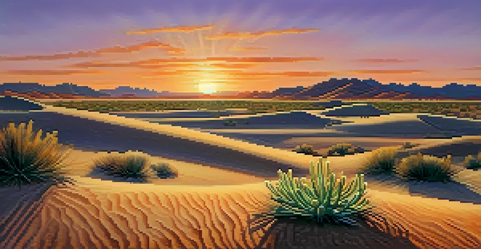 A small peyote cactus in a desert landscape during sunset, with golden sand dunes and a colorful sky.