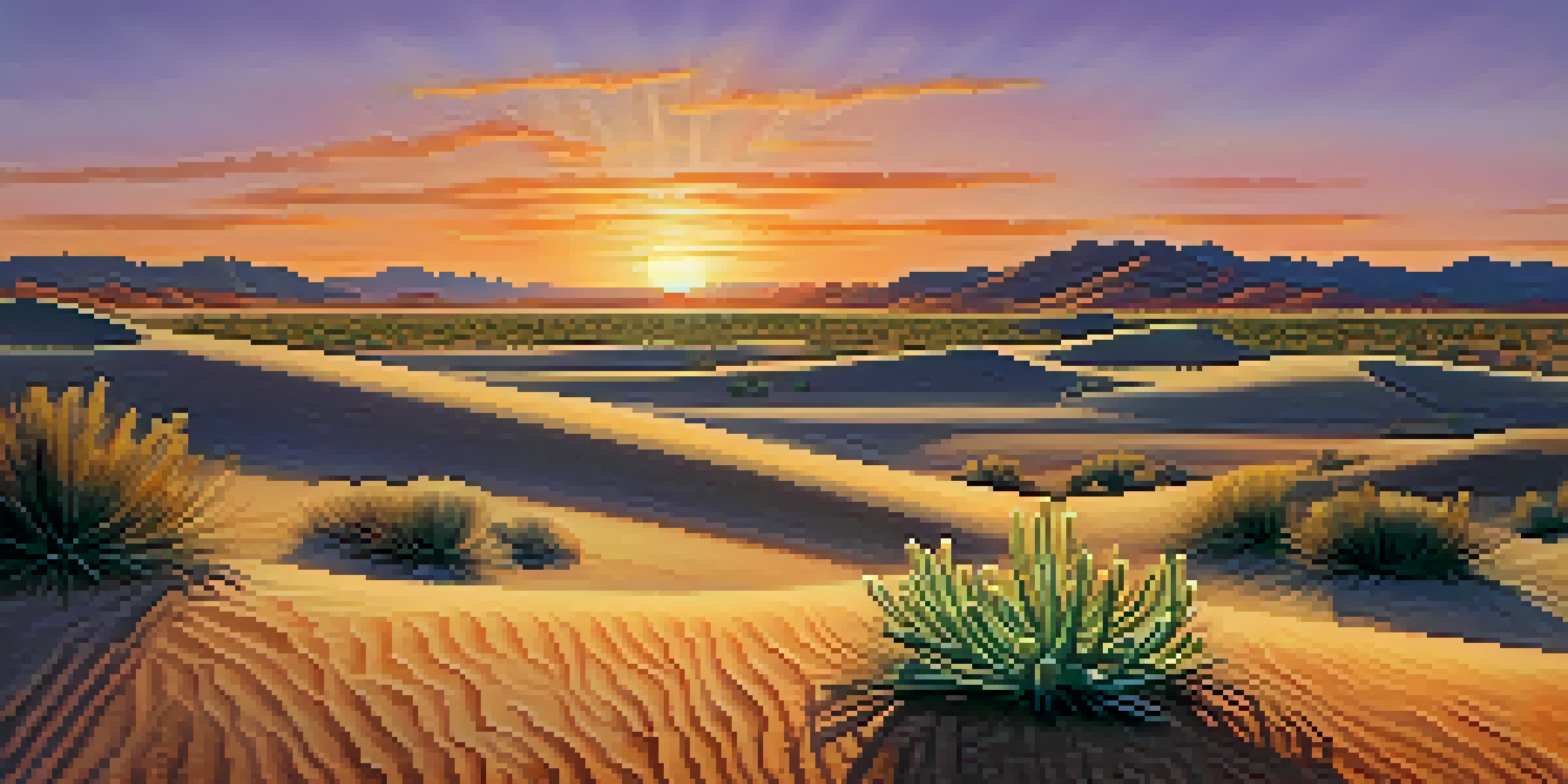 A small peyote cactus in a desert landscape during sunset, with golden sand dunes and a colorful sky.