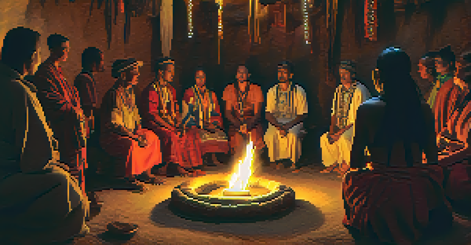 A shaman leading a ceremonial gathering in a warmly lit room with traditional decorations and participants.