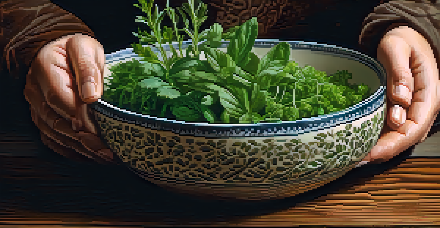 A close-up of a hand holding a ceramic bowl filled with fresh herbs, set on a rustic wooden table, with warm lighting.