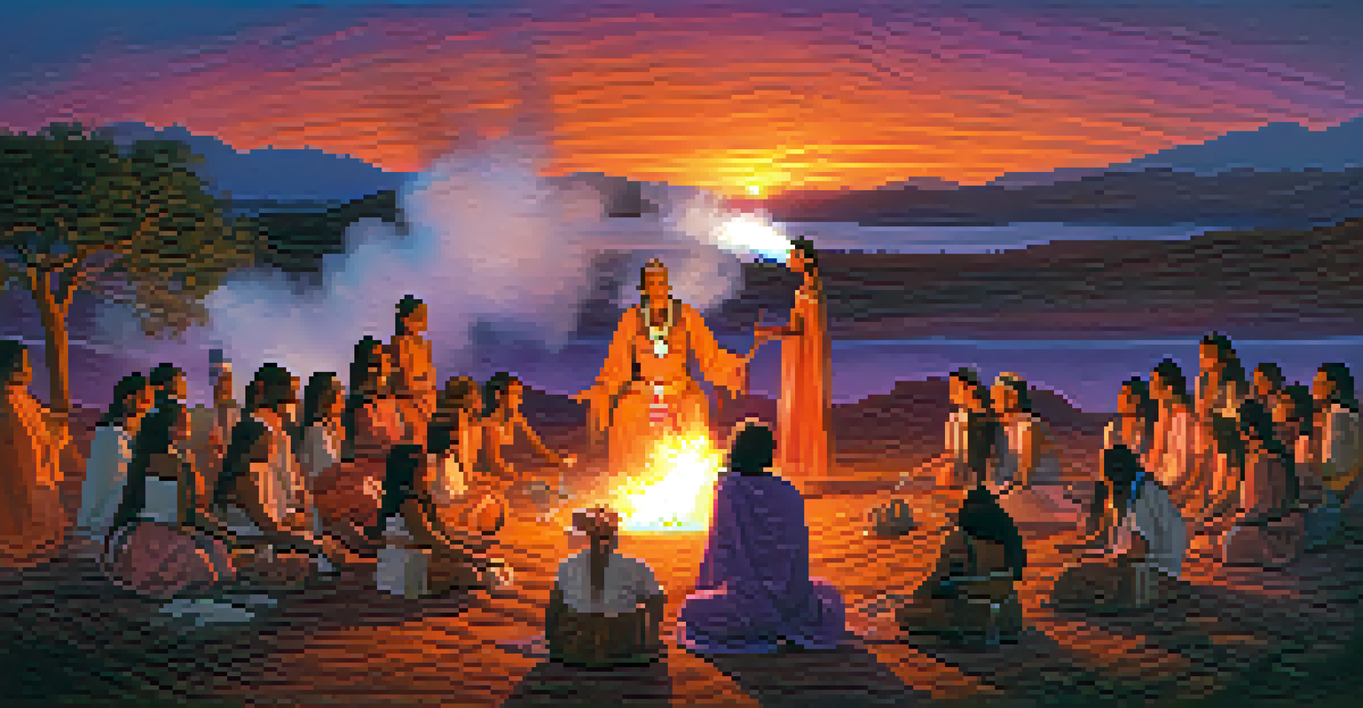An Indigenous healer performing a ritual at sunset, surrounded by symbolic artifacts and wisps of smoke from a fire, with a colorful sky.