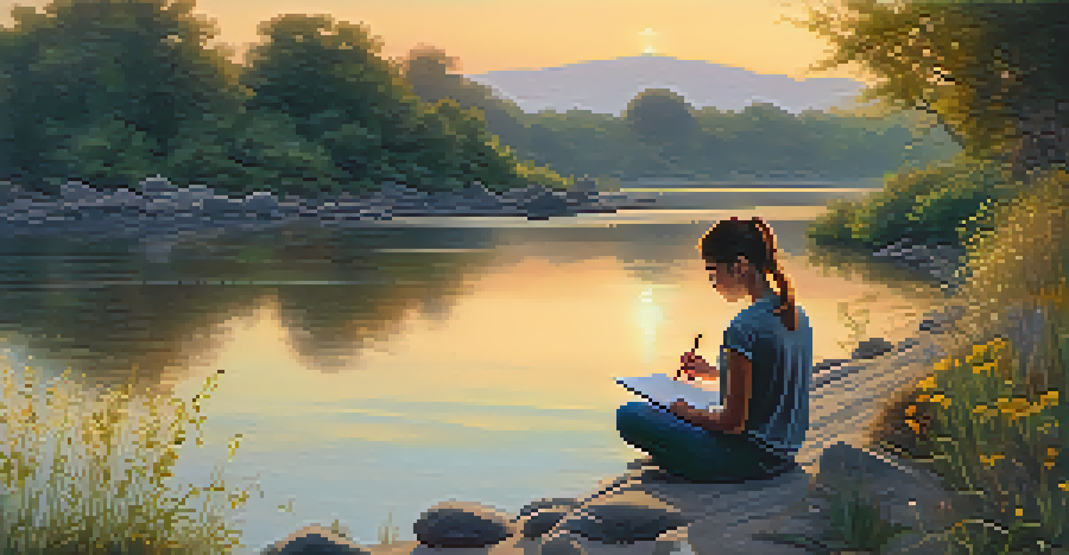 A person journaling by a riverbank at sunset, surrounded by nature, reflecting on their insights.