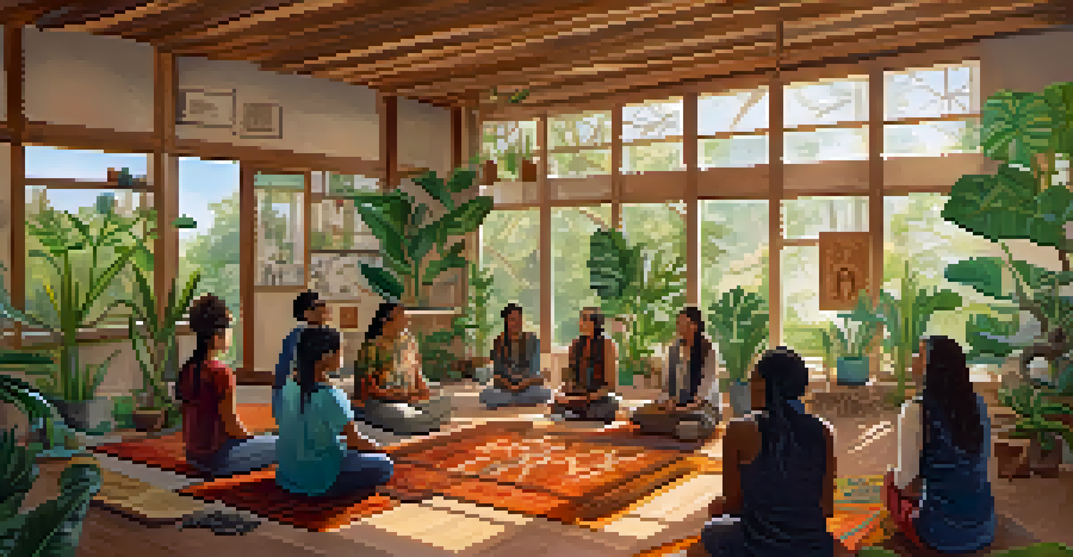 A workshop led by Indigenous facilitators about entheogens, featuring diverse participants engaging in respectful discussion in a bright, plant-filled room.
