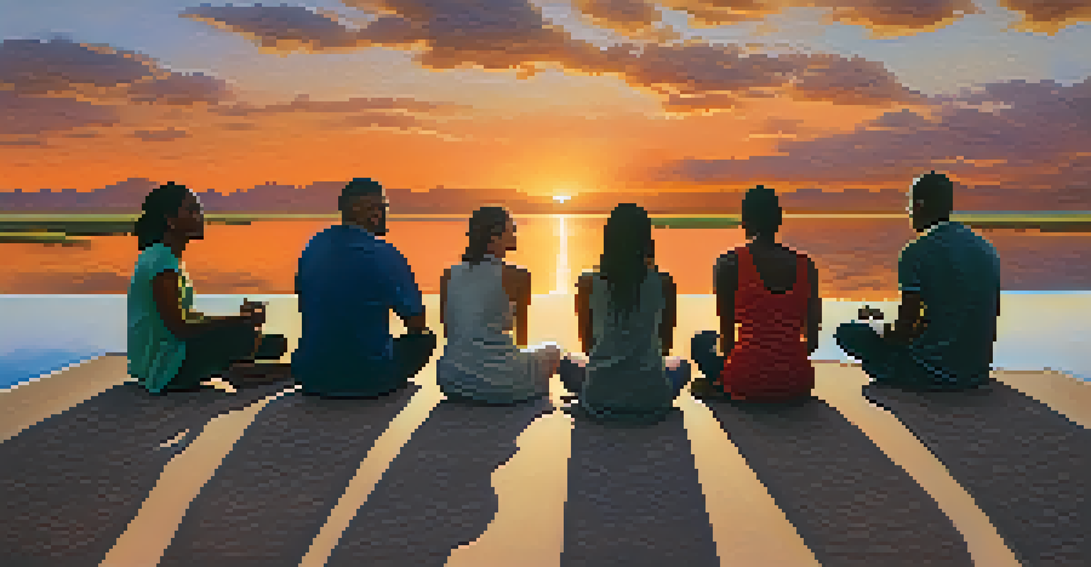 A diverse group of people sitting in a circle during a sunset, engaged in discussion, showing expressions of contemplation and connection.