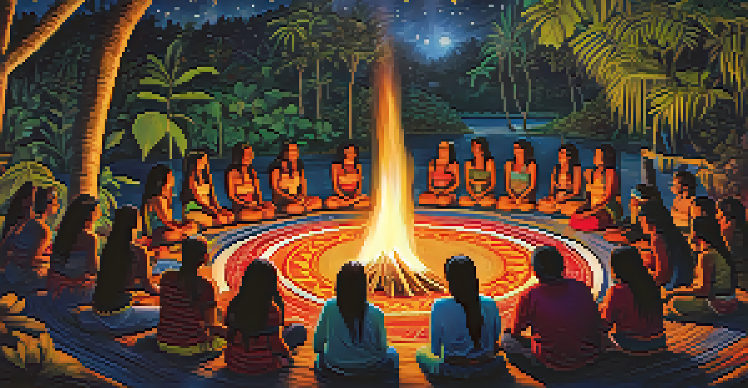 A colorful ayahuasca ceremony in the Amazon, featuring shamans and participants around a fire with traditional artifacts under a starry sky.