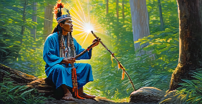 A shaman in traditional clothing sits peacefully in a forest, surrounded by colorful plants and sun rays filtering through the trees.