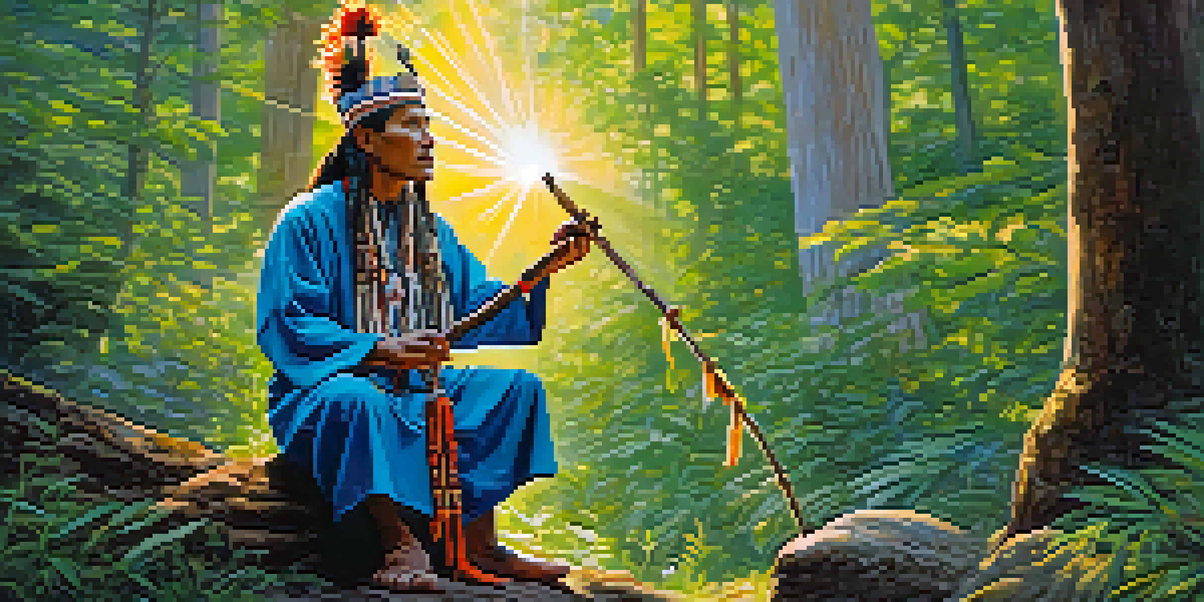 A shaman in traditional clothing sits peacefully in a forest, surrounded by colorful plants and sun rays filtering through the trees.