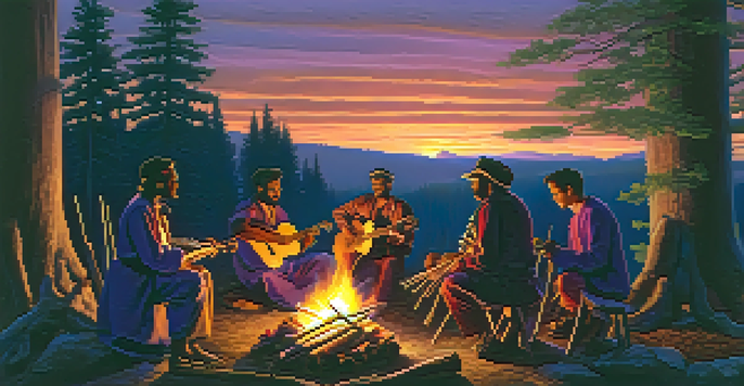 A group of musicians of various backgrounds playing traditional instruments around a bonfire in a twilight forest, with soft light filtering through trees.