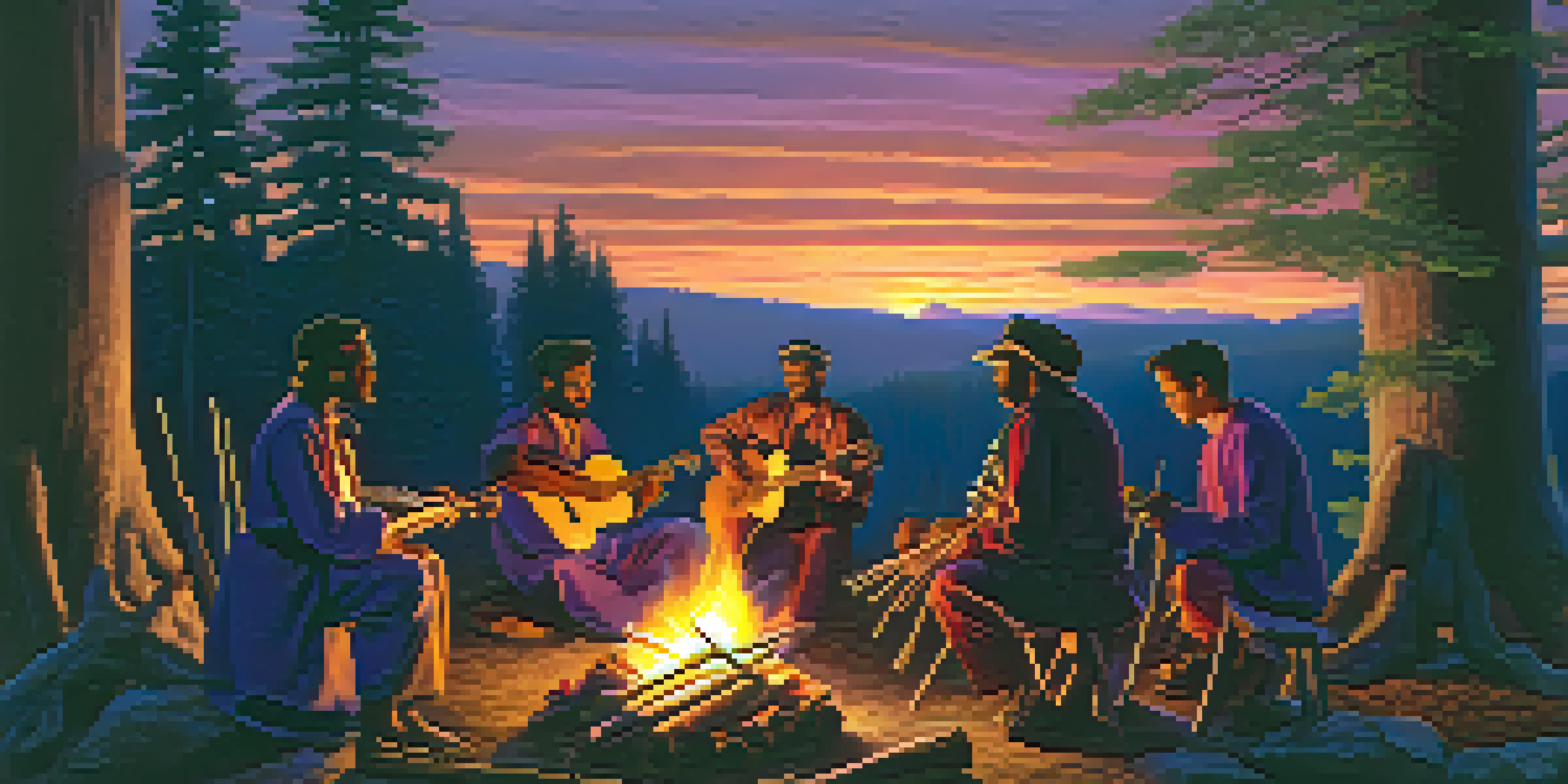 A group of musicians of various backgrounds playing traditional instruments around a bonfire in a twilight forest, with soft light filtering through trees.