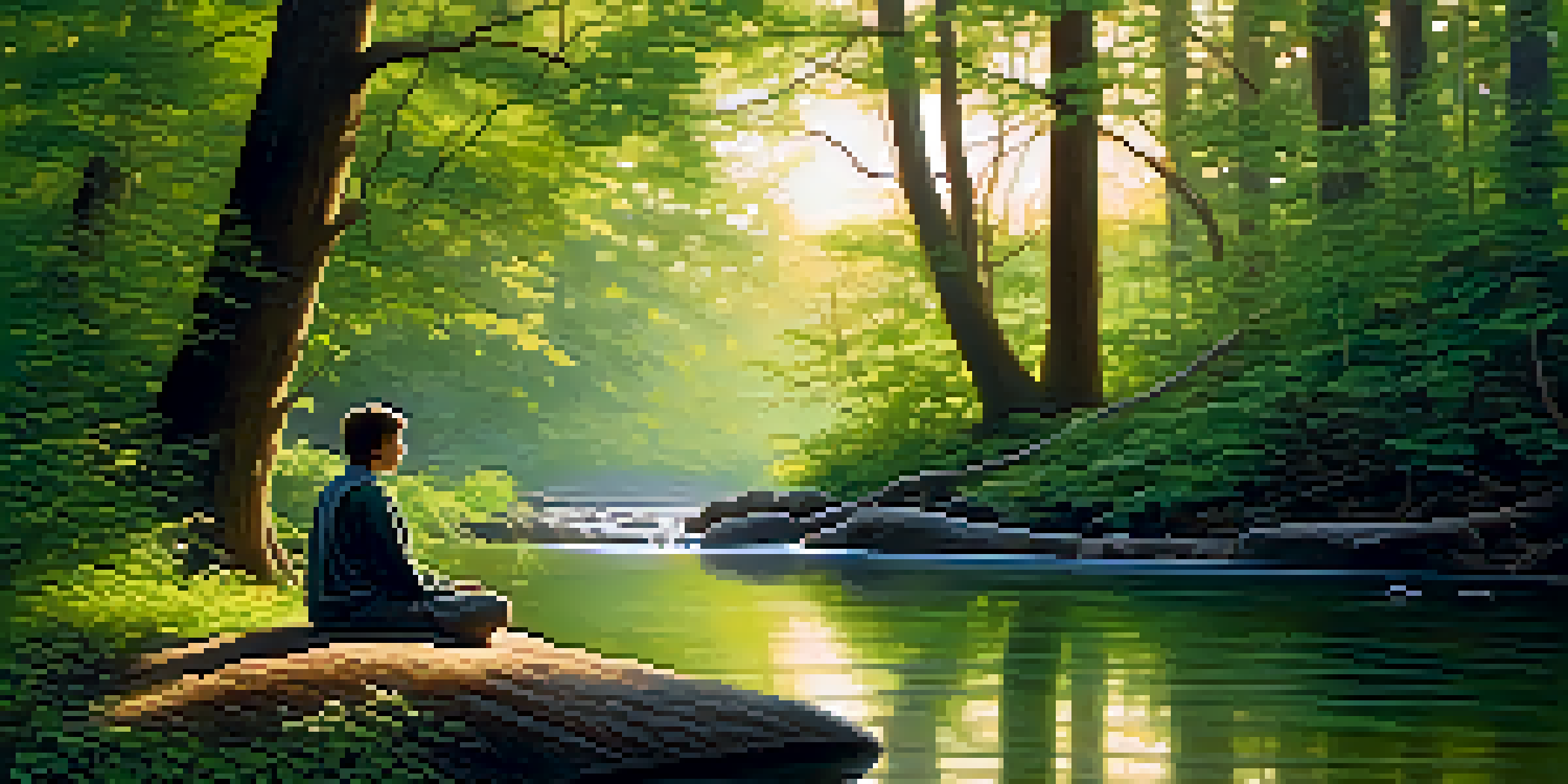 A peaceful forest scene at dawn with a person meditating by a stream, surrounded by lush greenery and soft golden light.