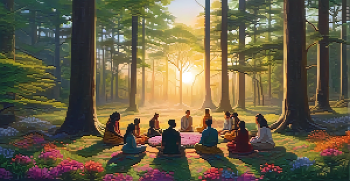 A peaceful forest scene with diverse individuals gathered in a circle during a ceremony, surrounded by nature and vibrant flowers.