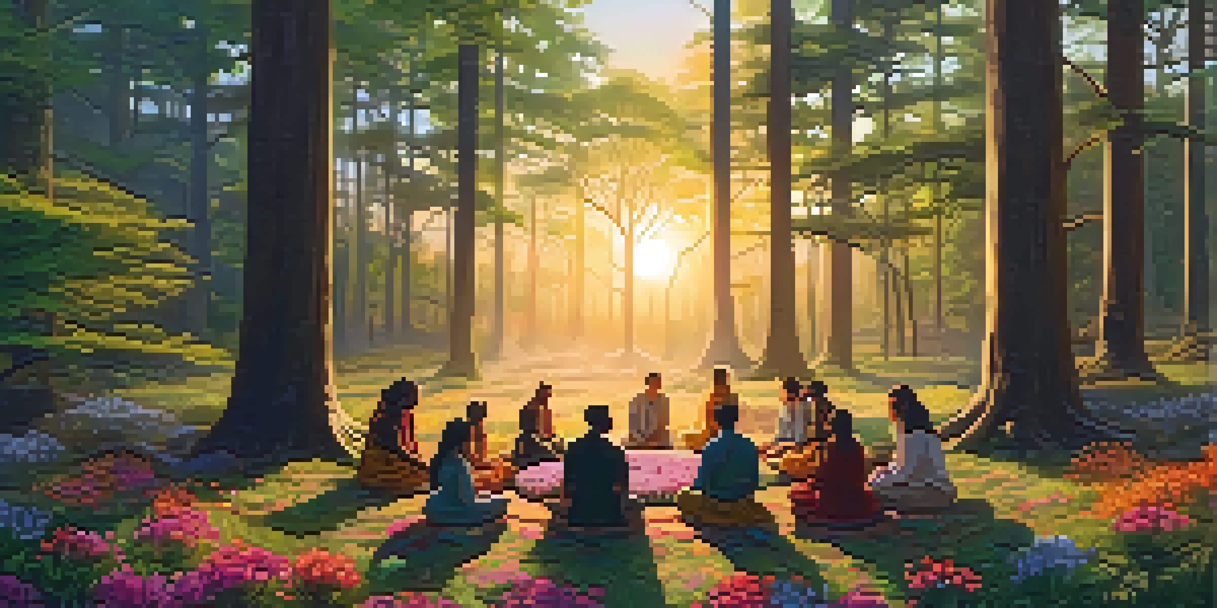 A peaceful forest scene with diverse individuals gathered in a circle during a ceremony, surrounded by nature and vibrant flowers.