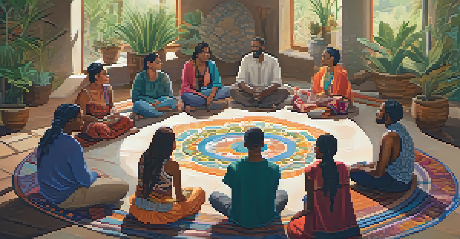 A diverse group of people sitting in a circle at a community gathering, surrounded by plants and colorful textiles, in warm lighting.