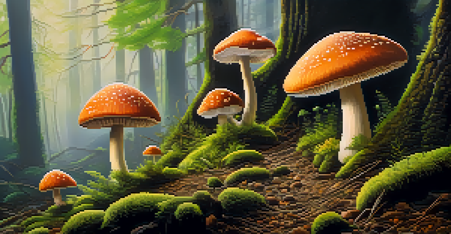 Close-up of psilocybin mushrooms on a mossy forest floor with dappled sunlight filtering through the trees.